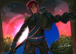  1boy arch black_gloves black_pants blue_cape blue_neckwear cape epaulettes gloves kumatyanpantyu long_hair long_sleeves male_focus necktie outdoors pants pixiv_fantasia pixiv_fantasia_age_of_starlight red_hair solo standing twilight yellow_eyes 