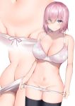  1girl ass bangs bare_arms bare_shoulders black_legwear blush bra breasts cleavage closed_mouth collarbone commentary_request eyebrows_visible_through_hair eyes_visible_through_hair fate/grand_order fate_(series) groin hair_over_one_eye highres kitajima_yuuki large_breasts lavender_hair looking_at_viewer mash_kyrielight multiple_views navel panties panty_pull pink_eyes pink_hair pulled_by_self purple_eyes pussy short_hair simple_background smile stomach thighhighs underwear white_background white_bra white_panties 