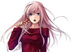  1girl applekun bangs bare_shoulders blue_eyes breasts dango earrings eating fate/grand_order fate_(series) food hair_ornament jewelry large_breasts long_hair looking_at_viewer miyamoto_musashi_(fate/grand_order) off-shoulder_sweater off_shoulder pink_hair red_sweater simple_background skewer sweater swept_bangs wagashi white_background 