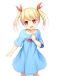  1girl blonde_hair blue_shirt bow clip_studio_paint_(medium) commentary_request eyebrows_visible_through_hair hair_between_eyes hair_bow highres holding_shirt iwamoto_sora kogara_toto looking_at_viewer lupinus_virtual_games medium_hair red_bow red_eyes shirt short_sleeves simple_background smile twintails white_background 
