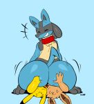  2020 alternate_version_at_source ambiguous_gender big_butt butt digital_media_(artwork) eevee eyes_closed facesitting group hand_on_butt hi_res huge_butt joaoppereiraus looking_back lucario nintendo pikachu pok&eacute;mon pok&eacute;mon_(species) signature simple_background smile video_games 