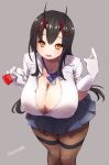  1girl :d azur_lane black_hair blue_bow blue_skirt bow breasts brown_legwear buttons cleavage collarbone collared_shirt covered_nipples deto dress_shirt eyebrows_visible_through_hair gloves highres holding horns huge_breasts long_hair looking_at_viewer lotion miniskirt open_mouth orange_eyes pantyhose partially_unbuttoned pleated_skirt sexually_suggestive shirt skirt smile solo suggestive_fluid suzuya_(azur_lane) thigh_strap twitter_username unbuttoned unbuttoned_shirt white_gloves white_shirt 