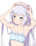  1girl armpits arms_up bare_shoulders blue_bra blue_eyes bra breasts commentary_request gochuumon_wa_usagi_desu_ka? hair_ornament highres hiroki_(yyqw7151) kafuu_chino light_blue_hair long_hair maid_headdress polka_dot polka_dot_bra small_breasts solo underwear upper_body white_background x_hair_ornament 