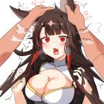  1girl akagi_(azur_lane) akakiryu2m animal_ears azur_lane black_kimono blush breasts brown_hair cleavage disembodied_limb ear_fondling ear_grab eyeliner eyeshadow fox_ears fox_girl fox_tail hand_on_another&#039;s_head hand_on_head highres japanese_clothes kimono kitsune kyuubi large_breasts long_hair makeup multiple_tails out_of_frame petting red_eyes solo_focus tail torogao 