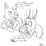  1:1 2017 ambiguous_gender anthro beverage black_and_white boreoboros canid canine chair clothed clothing coffee dialogue disney drinking duo english_text fox fur furniture holding_cup holding_object judy_hopps lagomorph leporid looking_at_another mammal monochrome necktie nick_wilde police_uniform rabbit red_fox shaking shirt simple_background sitting speech_bubble text topwear uniform white_background zootopia 