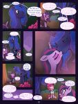 3:4 bodily_fluids comic crossgender cum cum_on_face dialogue english_text equid female feral friendship_is_magic genital_fluids genitals group hi_res kissing larger_male male male/female mammal my_little_pony night outside penis pinkie_pie_(mlp) princess_luna_(mlp) size_difference smaller_female syoee_b text twilight_sparkle_(mlp) 