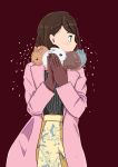  1girl animal_around_neck animal_on_shoulder black_shirt blush brown_gloves brown_hair bunny clip_studio_paint_(medium) coat commentary_request cowboy_shot earphones facing_away gloves green_eyes highres light_particles long_sleeves looking_away open_clothes open_coat original own_hands_together patterned pink_coat print_skirt profile red_background scarf shirt simple_background skirt solo yellow_skirt yoshimon 