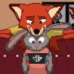  1:1 2020 absurd_res anthro canid canine clothed clothing controller davidci_codex digital_media_(artwork) dipstick_ears disney duo fox fur furniture game_controller gaming grey_body grey_fur head_on_head hi_res holding_controller holding_game_controller holding_object judy_hopps lagomorph leporid mammal multicolored_ears nick_wilde nintendo nintendo_switch orange_body orange_fur pixel_(artwork) playing_videogame rabbit red_fox shirt smile sofa topwear video_games zootopia 