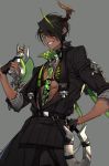  1boy aragami_ouga black_choker black_hair chest choker cowboy_shot dark_skin dark_skinned_male egg eyepatch green_eyes grey_background grin hair_over_one_eye hand_on_hip highres hoe-l holostars horns jewelry looking_at_viewer male_focus on_finger one_eye_covered open_mouth sharp_teeth short_hair simple_background single_horn slit_pupils smile standing teeth upper_body virtual_youtuber 