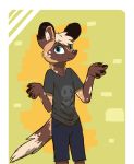  2019 african_wild_dog alpha_channel anthro bottomwear brown_body brown_fur canid canine clothed clothing enginetrap fully_clothed fur green_background head_tuft hi_res inner_ear_fluff mammal milo_(juantriforce) pawpads shirt shorts simple_background smile solo spots spotted_body spotted_fur t-shirt topwear tuft 