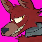  2015 animatronic black_nose canid canine digital_media_(artwork) five_nights_at_freddy&#039;s fox foxy_(fnaf) fur grin hi_res looking_back machine male mammal pink_background pyrocynical red_body red_fur robot shufflehound_(artist) simple_background smile smug solo teeth video_games yellow_eyes 