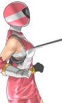  1girl belt bodysuit bra breasts gloves go_pink helmet highres kyuukyuu_sentai_gogofive mask mugyaclan pantyhose poking sentai sideboob simple_background sword tokusatsu torn_clothes torn_legwear underwear weapon white_background white_bra 