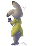  2016 anthro barefoot bottomless butt clothed clothing dipstick_ears disney female fur grey_body grey_fur hi_res holding_cup holding_object judy_hopps lagomorph leporid mammal mint_(ztg) multicolored_ears rabbit rear_view shirt simple_background solo standing topwear white_background zootopia 