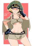  1girl absurdres blonde_hair breast_pocket brown_eyes erwin_(girls_und_panzer) girls_und_panzer gloves hat highres jacket looking_at_viewer midriff military navel panties peaked_cap pocket shinkuukan_(tetsuo3) short_hair short_sleeves side-tie_panties skirt smile solo standing stomach underwear 