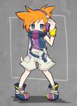  1boy arm_at_side armband belt black_footwear blue_eyes blush chibi covered_mouth furrowed_eyebrows grey_background hand_on_headphones headphones hood hoodie loose_belt maikel1018 orange_hair sakuraba_neku short_hair shorts simple_background sleeveless sleeveless_hoodie solo spiked_hair subarashiki_kono_sekai white_shorts 