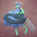  1:1 absurd_res anthro arthropod big_breasts blush breast_expansion breasts changeling clothing fan_character female friendship_is_magic green_body hair hi_res huge_breasts hyper hyper_breasts hyperstorm_h my_little_pony nipples purple_hair solo torn_clothing 