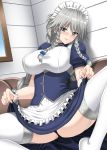  absurdres bangs blue_bow bow breasts eyebrows_visible_through_hair grayfia_lucifuge grey_hair hair_bow hellandheaven high_school_dxd highres indoors looking_at_viewer maid mature paid_reward patreon_username puffy_sleeves short_sleeves solo spread_legs thighhighs white_hair white_legwear 