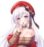  1girl aran_sweater azur_lane bangs bare_shoulders belfast_(azur_lane) belfast_(shopping_with_the_head_maid)_(azur_lane) beret black_bow blush bow breasts brown_sweater cleavage collarbone commentary_request earrings eyebrows_visible_through_hair food hair_between_eyes hair_bow hand_up hat head_tilt holding holding_food hoop_earrings jewelry long_sleeves looking_at_viewer medium_breasts natsumii_chan off-shoulder_sweater off_shoulder parted_lips pocky purple_eyes red_headwear shawl silver_hair simple_background smile solo striped striped_bow sweater upper_body white_background 