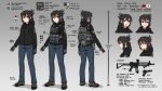  1girl assault_rifle backpack bag black_hair character_age character_sheet eyebrows_visible_through_hair folded_ponytail full_body gloves grey_background gun hair_between_eyes handgun highres holster holstered_weapon jacket knife looking_at_viewer magazine_(weapon) multiple_views ndtwofives original palette pants pistol plate_carrier radio red_eyes rifle sheath sheathed shoes simple_background standing weapon 