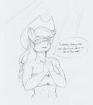  2020 anthro anthrofied applejack_(mlp) blush boob_freckles breasts chest_freckles cleavage clothed clothing cowboy_hat earth_pony english_text equid equine female freckles freckles_on_breasts freckles_on_chest friendship_is_magic graphite_(artwork) greyscale hat headgear headwear horse implied_lesbian longinius mammal midriff monochrome my_little_pony pencil_(artwork) pony praying shoulder_freckles simple_background sketch solo text traditional_media_(artwork) white_background 