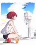  amopui arknights cloud exusiai_(arknights) fan food fruit halo highres juice melon red_eyes red_hair short_hair shorts sitting solo summer sweat tank_top 