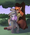  2016 anthro black_nose blush bottomwear canid canine clothed clothing detailed_background disney duo fox fully_clothed fur grey_body grey_fur hi_res judy_hopps lagomorph leporid mammal mint_(ztg) necktie nick_wilde orange_body orange_fur outside pants rabbit reclining red_fox shirt sitting smile topwear tree white_body white_fur zootopia 