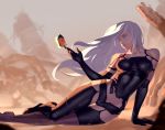  aqua_eyes butterfly elbow_gloves erect_nipples gloves long_hair nier nier:_automata ruins shorts signed skintight techgirl typo_(requiemdusk) white_hair yorha_unit_no._2_type_a 