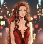  1girl aerith_gainsborough bare_shoulders brown_hair collarbone dress final_fantasy final_fantasy_vii final_fantasy_vii_remake green_eyes jewelry lips long_hair looking_at_viewer necklace red_dress red_ribbon ribbon sidelocks sleeveless sleeveless_dress solo ten-chan_(eternal_s) 