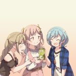  3girls ^_^ aqua_hair ayasaka bang_dream! bangs belt blonde_hair blue_shirt brown_shirt cat_hair_ornament closed_eyes commentary_request dress empty_eyes hair_ornament hair_ribbon hand_on_own_chin heart-shaped_mouth hikawa_hina hiromachi_nanami holding ichigaya_arisa jewelry kappa long_hair long_sleeves multiple_girls pendant petting pinafore_dress pink_hair plaid plaid_shirt pointing ribbon shirt short_hair short_sleeves shoulder_cutout side_braids smile tan_background twintails two_side_up upper_body v-shaped_eyebrows v-shaped_eyes wavy_mouth white_shirt x_hair_ornament yellow_ribbon |_| 