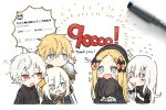  2boys 3girls :d :o ? abigail_williams_(fate/grand_order) ars_almal bangs black_bow black_cape black_dress black_jacket blonde_hair blue_eyes blush bow brown_gloves cape closed_mouth commentary_request crossover dress ex_albio eyes_visible_through_hair fang fate/grand_order fate_(series) flying_sweatdrops followers gloves hair_bow hair_over_eyes hair_over_shoulder hand_on_another&#039;s_head hands_up highres hood hood_down hooded_cape horns jacket kuzuha_(nijisanji) lavinia_whateley_(fate/grand_order) long_hair long_sleeves multiple_boys multiple_girls nijisanji open_mouth orange_bow parted_bangs parted_lips pauldrons photo pointy_ears red_eyes shoulder_armor sleeves_past_fingers sleeves_past_wrists smile sofra sparkle thank_you traditional_media twitter_username v-shaped_eyebrows very_long_hair white_background white_hair 