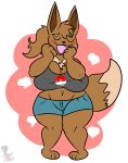  absurd_res anthro blush bottomwear breasts clothed clothing dipstick_tail eevee eyes_closed female front_view full-length_portrait fur hi_res kingretrokirby multicolored_tail nintendo open_mouth pok&eacute;mon pok&eacute;mon_(species) portrait solo standing tongue topwear video_games 