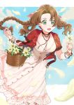  1girl :d absurdres aerith_gainsborough basket blue_background braid breasts brown_hair cleavage dress feathers final_fantasy final_fantasy_vii final_fantasy_vii_remake flower green_eyes highres open_mouth painttool_sai_(medium) shana32100 short_sleeves smile solo standing wristband 