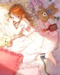  1girl barefoot blue_eyes bottle bow brown_hair bunny chain dress hami_yura highres lying mouth_hold on_bed on_side pill pillow spill stuffed_animal stuffed_toy teddy_bear white_dress 