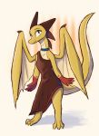  anthro barefoot biped clothed clothing crossgender dragon dress enginetrap female front_view fully_clothed gloves_(marking) hi_res light lighting malphas_(enginetrap) markings mtf_crossgender scalie simple_background smile solo standing western_dragon white_background wings yellow_body 