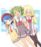  3girls blonde_hair blue_eyes blue_hair dark_skin glasses green_eyes green_hair highres lillie_(pokemon) mao_(pokemon) mei_(maysroom) multiple_girls pokemon pokemon_(anime) pokemon_sm113 pokemon_sm_(anime) school_uniform suiren_(pokemon) tagme 