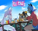  1other 2girls :q animal_ears bear_ears blue_hair blue_shorts brand_new_animal brown_hair cellphone character_request cloud cup dress drinking_glass eating fangs food fork fox_ears fox_girl fox_tail furry highres hiwatashi_nazuna hoyon jacket kagemori_michiru ketchup_bottle long_hair multiple_girls mustard_bottle open_mouth outdoors phone pink_hair plate raccoon_ears raccoon_girl red_eyes red_jacket sandwich short_hair short_shorts shorts sitting sky smartphone smile stool table tail thighs tongue tongue_out track_jacket white_dress 