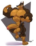  anthro balls big_penis blitz_(road_rovers) brown_body brown_fur canid canine canis dobermann domestic_dog foxbtails fur genitals hi_res humanoid_genitalia humanoid_penis male mammal muscular muscular_male penis pinscher road_rovers smile solo 