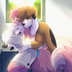  2020 anthro big_breasts breasts canid canine canis clothing digimon digimon_(species) domestic_dog duo female male mammal renamon skwidbone 