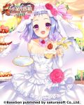 1girl bare_shoulders blue_hair bucchake_(asami) cake choker commentary detached_sleeves dress food fruit jewelry koihime_musou looking_at_viewer open_mouth plate red_eyes ring short_hair smile solo spoon strapless strapless_dress strawberry toutaku veil wedding_band wedding_dress white_dress white_sleeves 