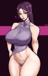  1girl absurdres alecto_0 alternate_costume bangs bare_shoulders breasts censored collarbone dress fate/grand_order fate_(series) heart heart_censor highres large_breasts lips looking_to_the_side minamoto_no_raikou_(fate/grand_order) navel parted_bangs pubic_hair purple_dress purple_eyes purple_hair red_eyes sleeveless sleeveless_dress standing thick_thighs thighs 