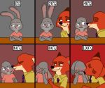  2020 absurd_res anthro black_nose blush canid canine clothed clothing comic covering covering_face crossed_arms davidci_codex disney duo ear_grab ear_rub embarrassed eyes_closed face_lick fox fur grey_body grey_fur hi_res judy_hopps kissing lagomorph leporid licking looking_at_another mammal neck_kiss necktie nick_wilde orange_body orange_fur rabbit red_fox romantic_ambiance romantic_couple shirt smile surprise tongue tongue_out topwear zootopia 