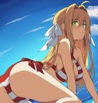  1girl ahoge all_fours ass bikini blonde_hair braid breasts cloud dutch_angle eyebrows_visible_through_hair fate/grand_order fate_(series) green_eyes hair_ribbon halter_top halterneck highres large_breasts nero_claudius_(fate)_(all) nero_claudius_(swimsuit_caster)_(fate) ribbon sky solo striped striped_bikini swimsuit tonee 