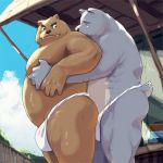  1:1 2020 anthro asian_clothing belly black_nose brown_body brown_fur bulge butt canid canine canis clothing cute_fangs detailed_background domestic_dog duo east_asian_clothing fundoshi fur hug hugging_from_behind humanoid_hands japanese_clothing kemono male male/male mammal omochiwotakusan outside overweight overweight_male underwear ursid 