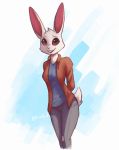  2020 anthro beastars blue_background brown_eyes buckteeth clothed clothing enginetrap female fully_clothed fur hands_behind_back haru_(beastars) head_tuft hi_res lagomorph leporid mammal open_mouth open_smile rabbit signature simple_background smile solo teeth tuft white_background white_body white_fur 