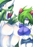  absurd_res ashraely big_breasts blush breasts clothing curvy_figure digital_media_(artwork) duo embarrassed female female/female fingers gardevoir green_hair hair hi_res huge_breasts humanoid kirlia nintendo not_furry pok&eacute;mon pok&eacute;mon_(species) red_eyes simple_background smug solo thick_thighs video_games voluptuous wide_hips 