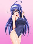  1girl ahoge arm_behind_back blue_eyes blue_hair blue_swimsuit competition_school_swimsuit cowboy_shot embarrassed gradient gradient_background hairband huge_ahoge long_hair orie_(under_night_in-birth) pink_background school_swimsuit solo swimsuit under_night_in-birth white_hairband yaeba 