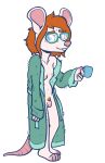  alpha_channel anthro bags_under_eyes barefoot bathrobe breasts clothed clothing cup eyewear genitals glasses gynomorph hair hi_res intersex looking_at_viewer lucheek mammal morning mouse murid murine occam_(character) open_robe partially_clothed penis pubes red_hair robe rodent small_breasts smile solo 