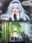  2girls blue_hair breasts camouflage cleavage crying crying_with_eyes_open dj_max english_text girls_frontline gloves green_hair hairband highres jewelry m950a_(girls_frontline) multiple_girls necklace reaching_out rynzfrancis sad_smile speech_bubble tears thunder_(girls_frontline) 
