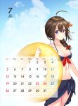  1girl ahoge bangs bare_shoulders bikini black_bikini black_sarong blue_eyes blue_sky blush braid brown_hair calendar_(medium) cloud commentary_request hair_flaps hair_ornament hair_over_shoulder highres holding holding_innertube innertube kantai_collection kiiro_kurumi looking_at_viewer navel remodel_(kantai_collection) sailor_bikini sailor_collar sarong shigure_(kantai_collection) single_braid sky solo swimsuit 