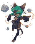  anthro black_clothing black_gloves breasts cleavage cleavage_cutout clothed clothing domestic_cat fan_character felid feline felis female fingerless_gloves gloves green_hair hair handwear hi_res legwear mammal r18 rock simple_background thigh_highs white_background 